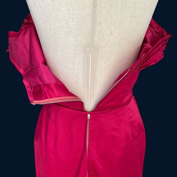 Vtg 50s Ceil Chapman Stunning Red Pink Satin Fitted Sheath Retro Cocktail Dress - Picture 6 of 13